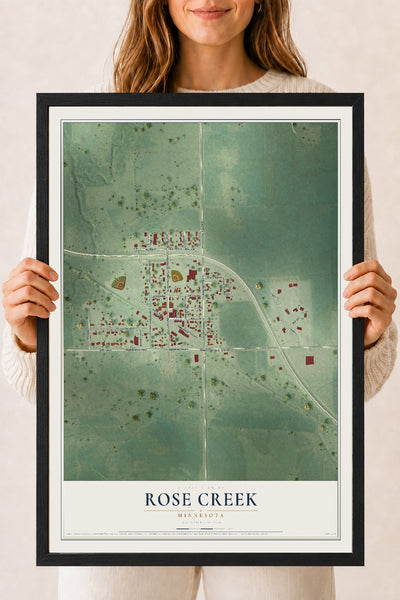 Map of Rose Creek, Minnesota, 18 x 24 inch print in a black wood frame