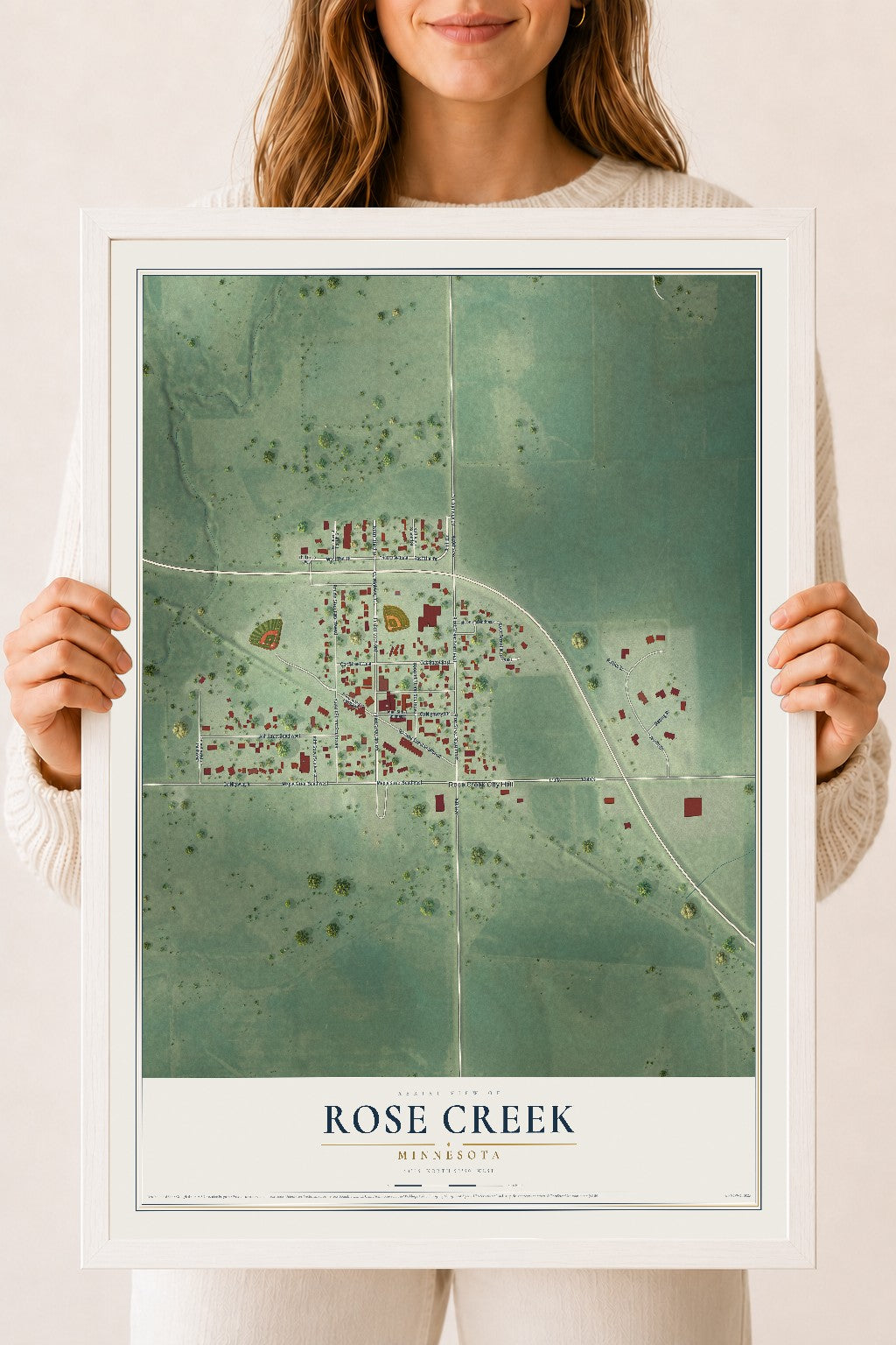 Map of Rose Creek, Minnesota, 18 x 24 inch print in a white wood frame