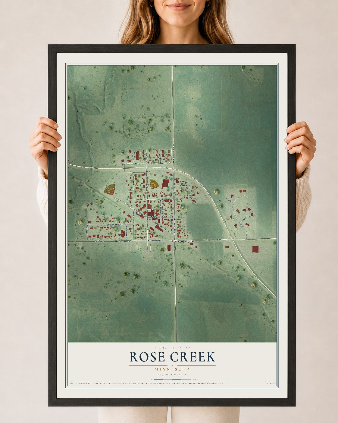 Map of Rose Creek, Minnesota, 24 x 36 inch print in a black wood frame