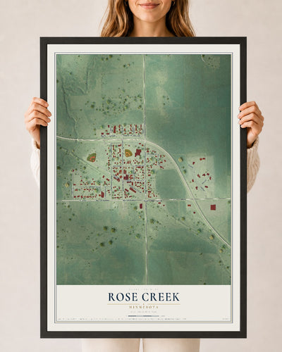 Map of Rose Creek, Minnesota, 24 x 36 inch print in a black wood frame