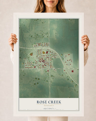Map of Rose Creek, Minnesota, 24 x 36 inch print in a white wood frame