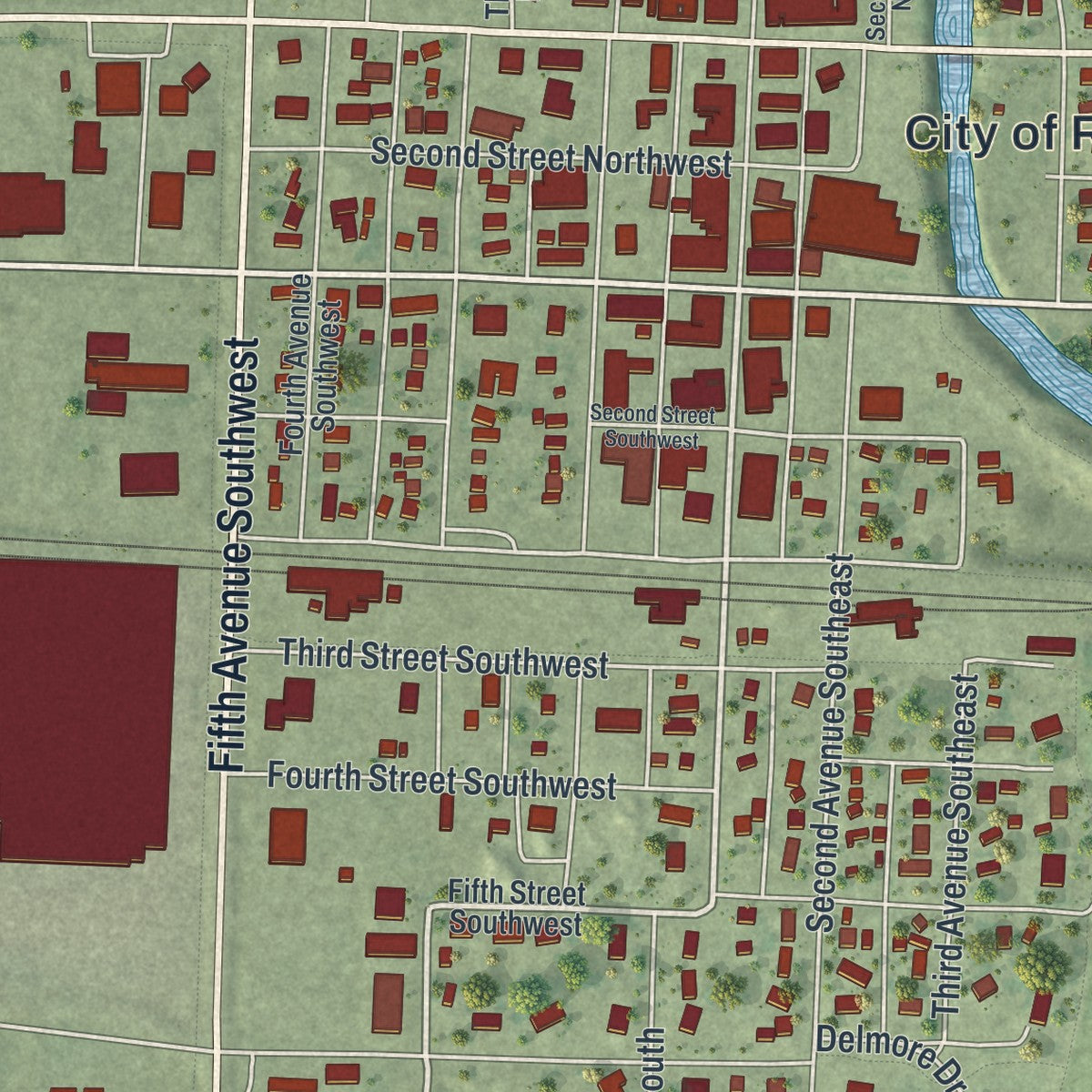 Close-up of the map of Roseau, Minnesota print showing street and building detail