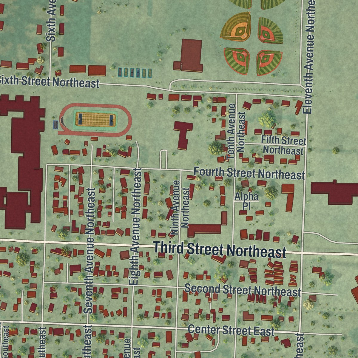 Second close-up of the map of Roseau, Minnesota print showing more streets and buildings