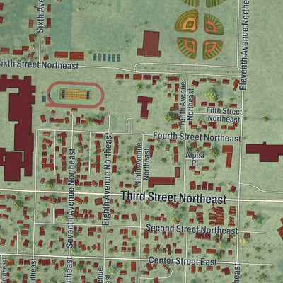 Second close-up of the map of Roseau, Minnesota print showing more streets and buildings
