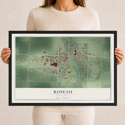 Map of Roseau, Minnesota, 12 x 18 inch print in a black wood frame