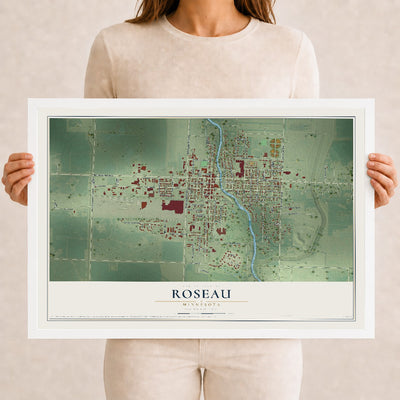 Map of Roseau, Minnesota, 12 x 18 inch print in a white wood frame