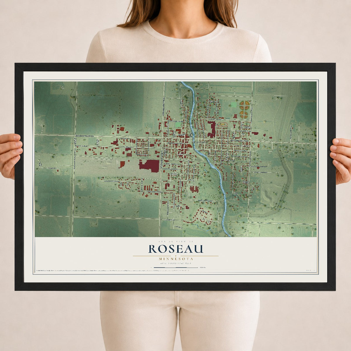 Map of Roseau, Minnesota, 18 x 24 inch print in a black wood frame