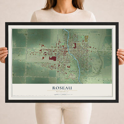 Map of Roseau, Minnesota, 18 x 24 inch print in a black wood frame