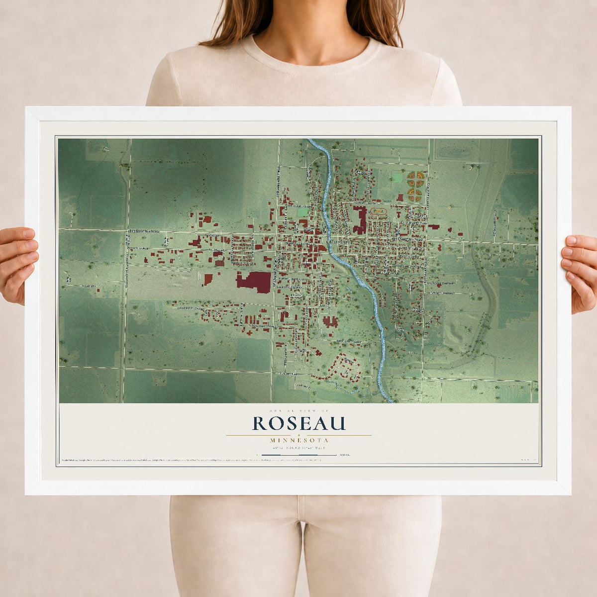 Map of Roseau, Minnesota, 18 x 24 inch print in a white wood frame