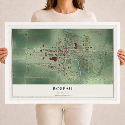Map of Roseau, Minnesota, 18 x 24 inch print in a white wood frame