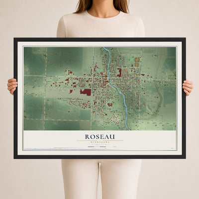 Map of Roseau, Minnesota, 24 x 36 inch print in a black wood frame