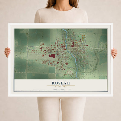 Map of Roseau, Minnesota, 24 x 36 inch print in a white wood frame