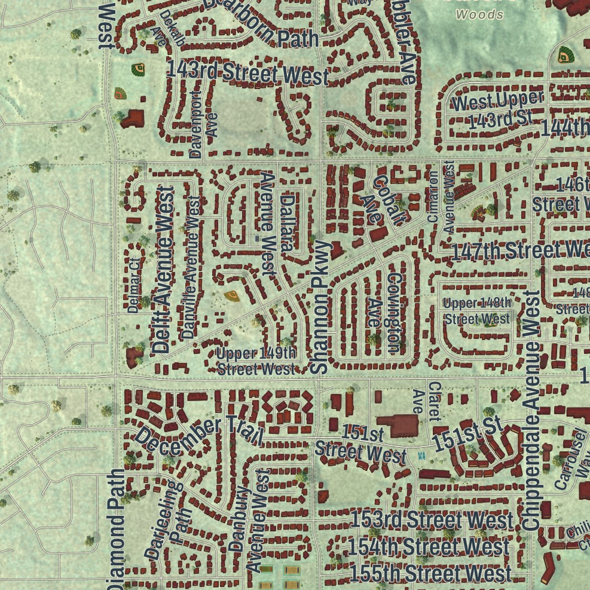 Close-up of the map of Rosemount, Minnesota print showing street and building detail