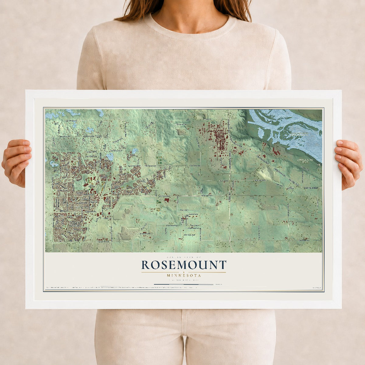 Map of Rosemount, Minnesota, 12 x 18 inch print in a white wood frame