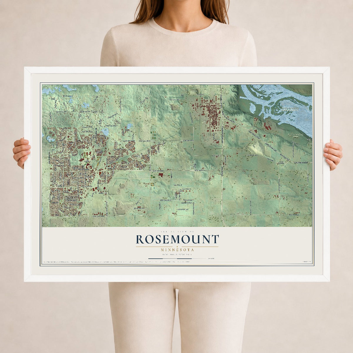 Map of Rosemount, Minnesota, 24 x 36 inch print in a white wood frame