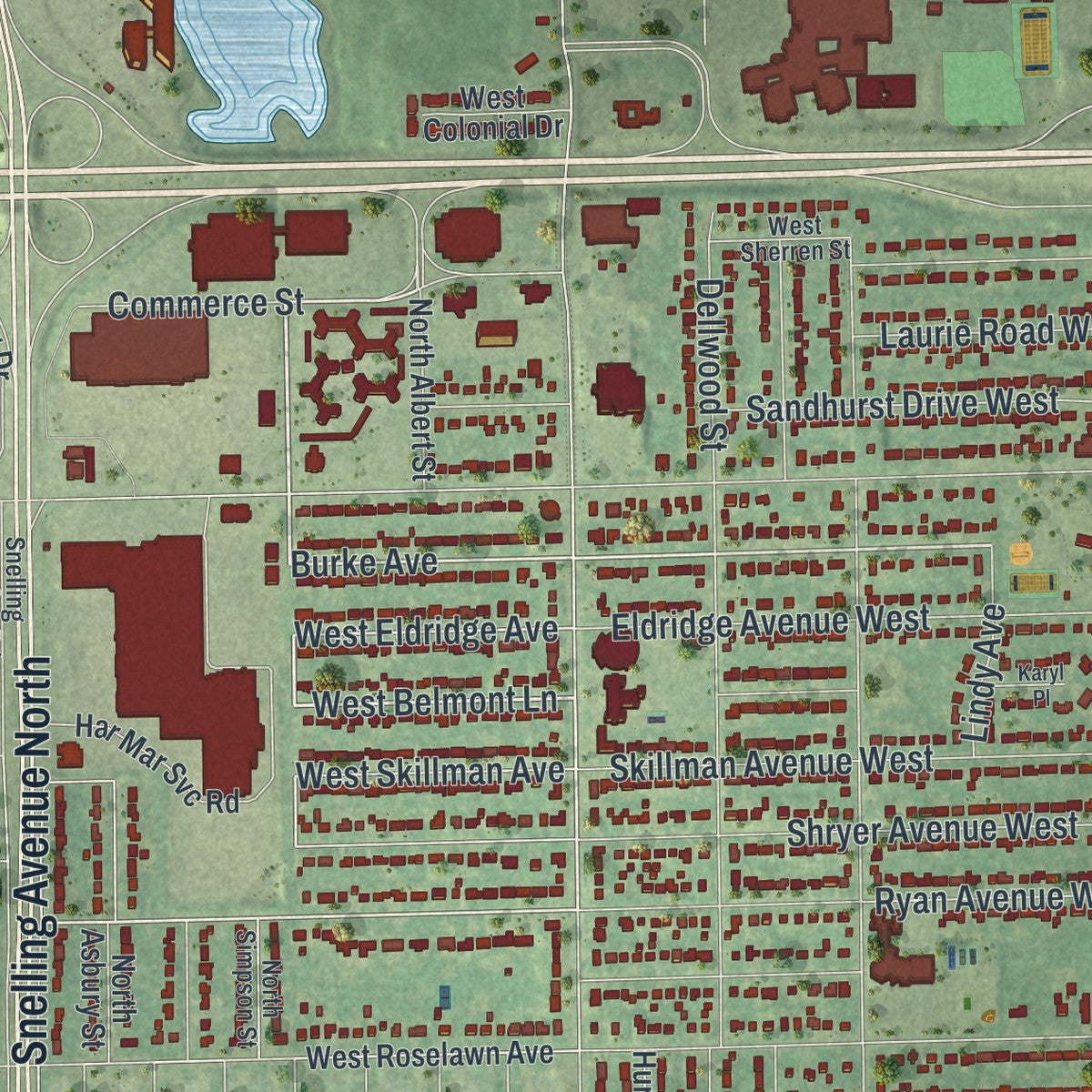 Close-up of the map of Roseville, Minnesota print showing street and building detail