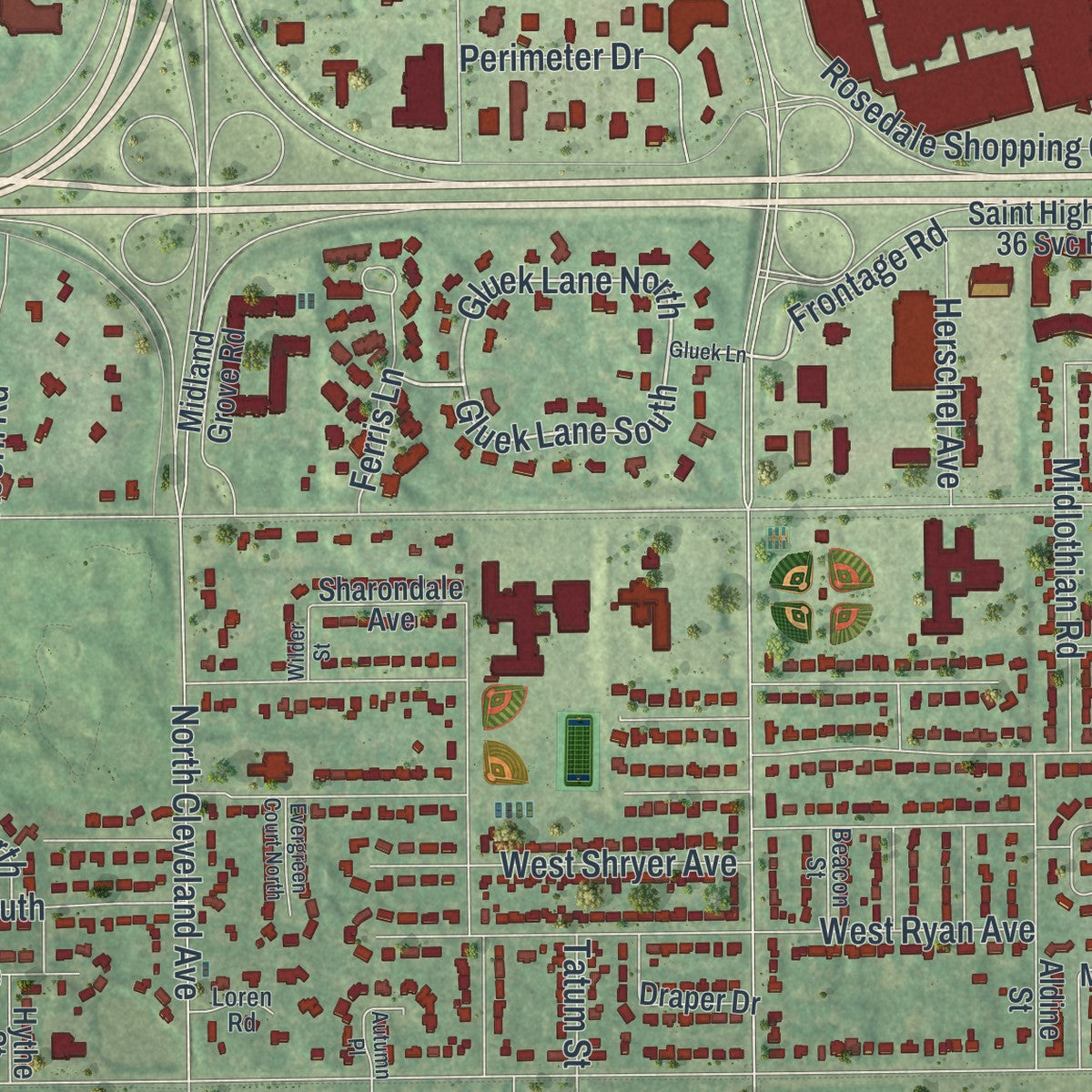 Second close-up of the map of Roseville, Minnesota print showing more streets and buildings