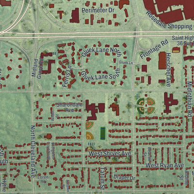 Second close-up of the map of Roseville, Minnesota print showing more streets and buildings