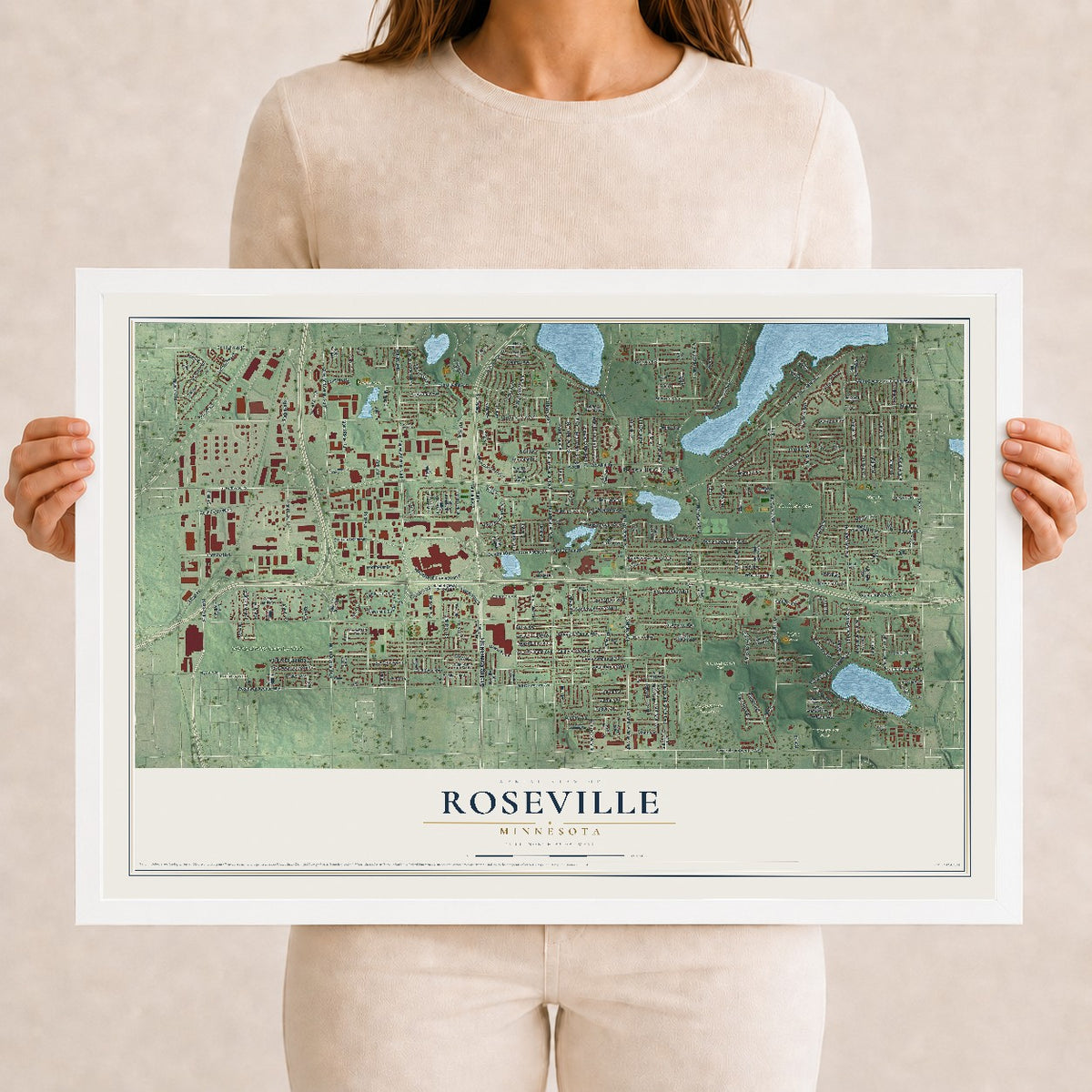 Map of Roseville, Minnesota, 12 x 18 inch print in a white wood frame