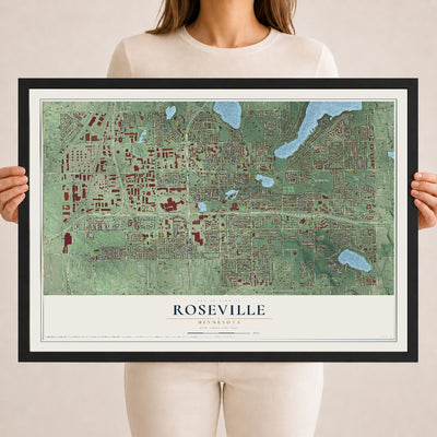 Map of Roseville, Minnesota, 18 x 24 inch print in a black wood frame