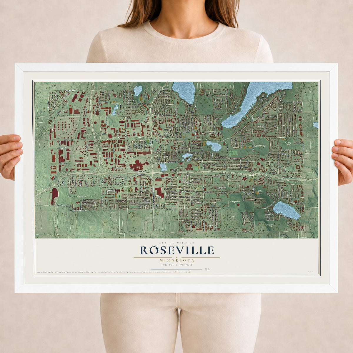 Map of Roseville, Minnesota, 18 x 24 inch print in a white wood frame