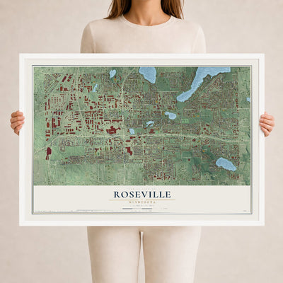 Map of Roseville, Minnesota, 24 x 36 inch print in a white wood frame