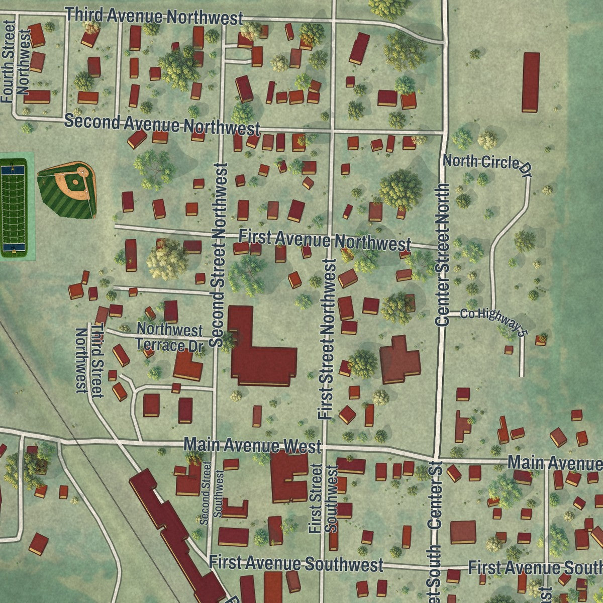Close-up of the map of Rothsay, Minnesota print showing street and building detail