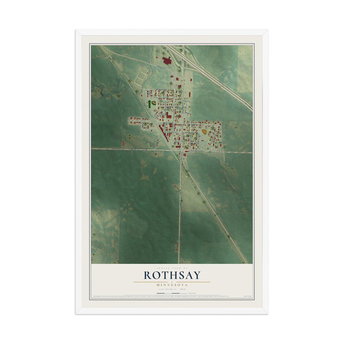 Map of Rothsay, Minnesota, 12 x 18 inch print in a white wood frame