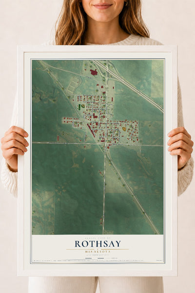 Map of Rothsay, Minnesota, 18 x 24 inch print in a white wood frame