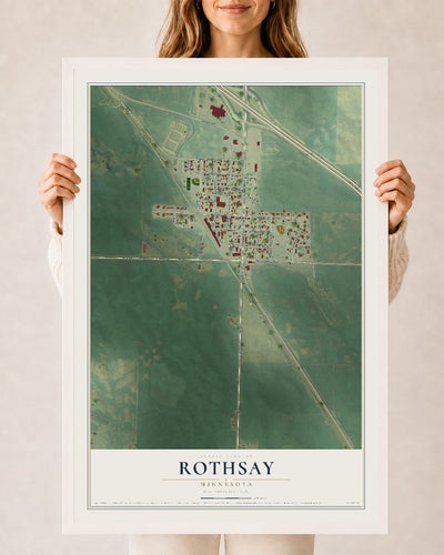 Map of Rothsay, Minnesota, 24 x 36 inch print in a white wood frame