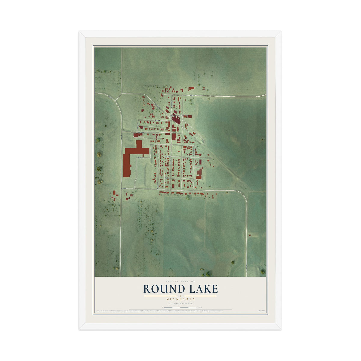 Map of Round Lake, Minnesota, 12 x 18 inch print in a white wood frame
