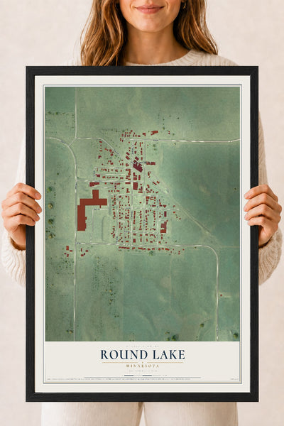 Map of Round Lake, Minnesota, 18 x 24 inch print in a black wood frame