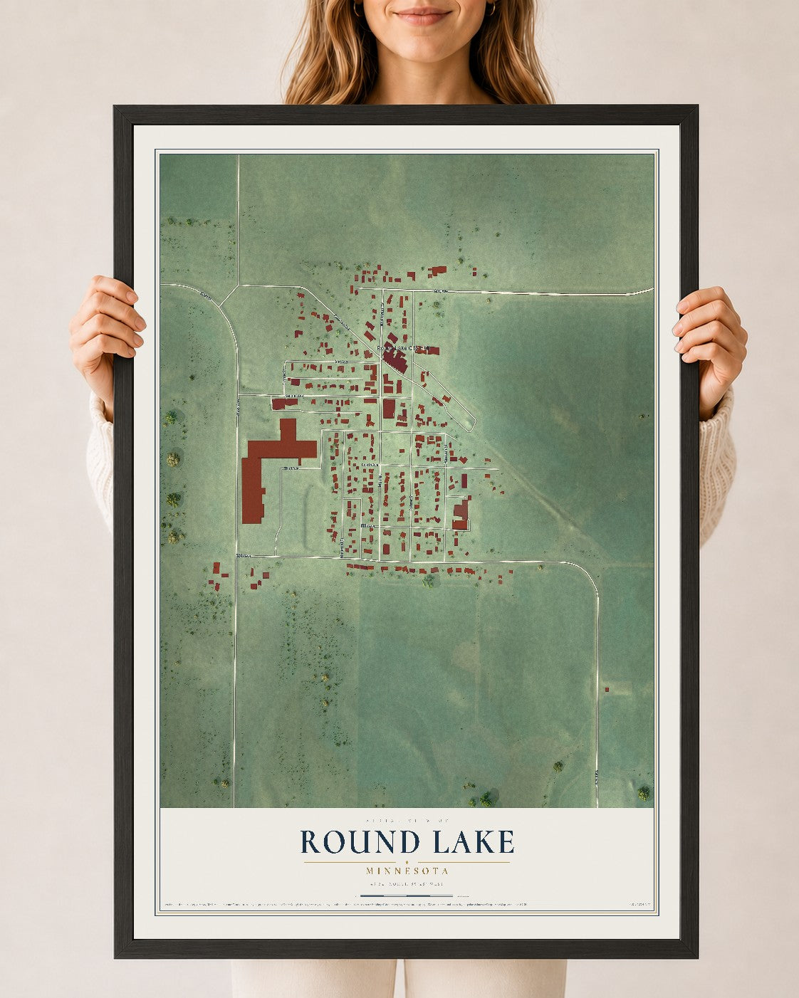 Map of Round Lake, Minnesota, 24 x 36 inch print in a black wood frame