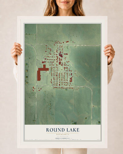 Map of Round Lake, Minnesota, 24 x 36 inch print in a white wood frame