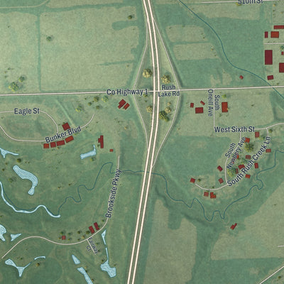 Second close-up of the map of Rush City, Minnesota print showing more streets and buildings