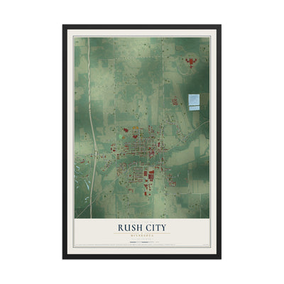 Map of Rush City, Minnesota, 12 x 18 inch print in a black wood frame