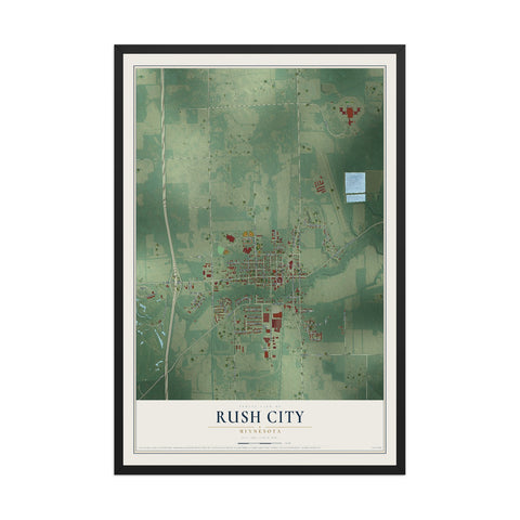 Map of Rush City, Minnesota, 12 x 18 inch print in a black wood frame