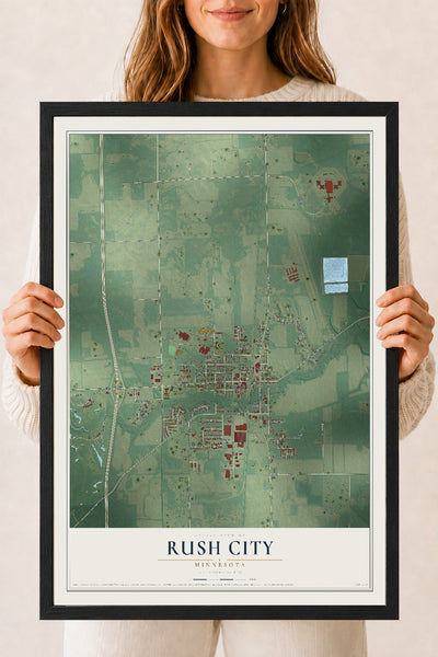 Map of Rush City, Minnesota, 18 x 24 inch print in a black wood frame