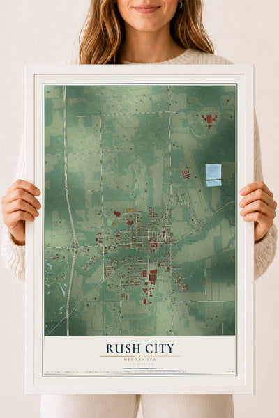Map of Rush City, Minnesota, 18 x 24 inch print in a white wood frame