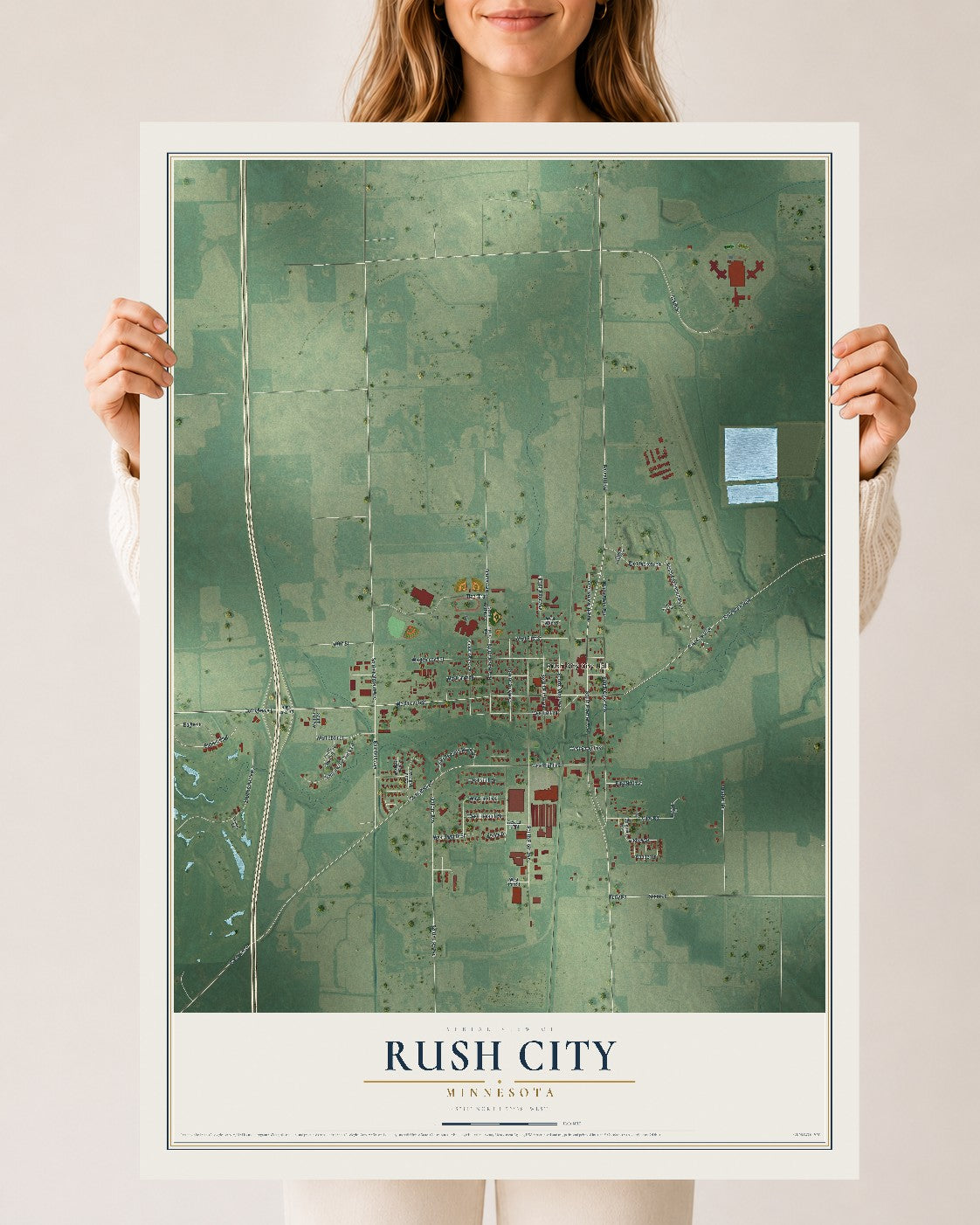 Map of Rush City, Minnesota, 24 x 36 inch unframed archival matte print