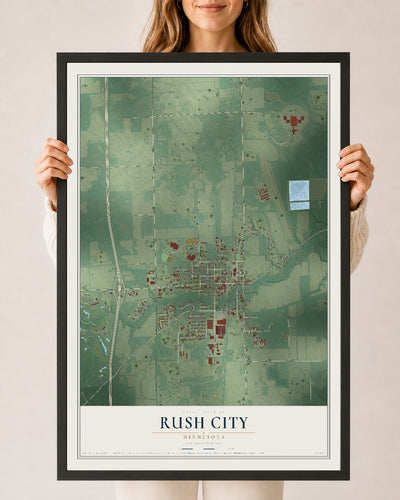 Map of Rush City, Minnesota, 24 x 36 inch print in a black wood frame