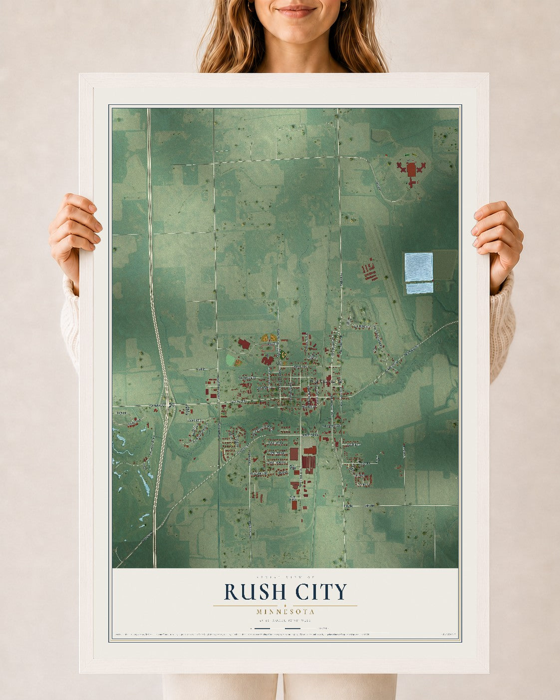 Map of Rush City, Minnesota, 24 x 36 inch print in a white wood frame