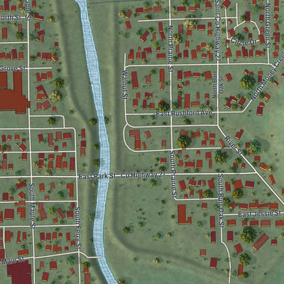 Close-up of the map of Rushford, Minnesota print showing street and building detail