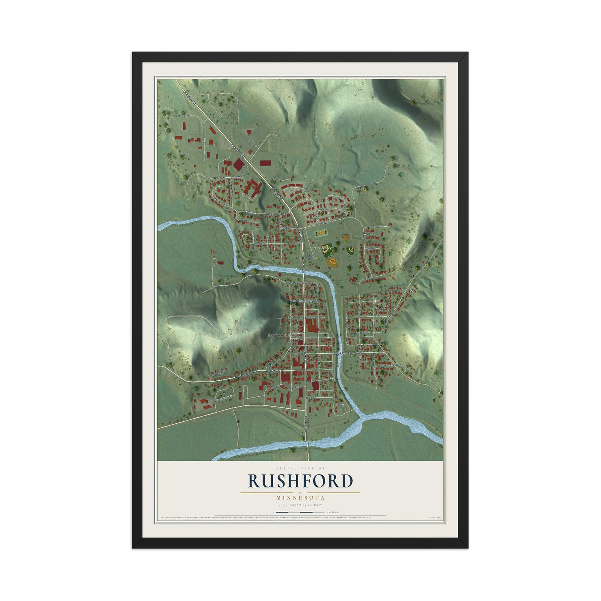 Map of Rushford, Minnesota, 12 x 18 inch print in a black wood frame