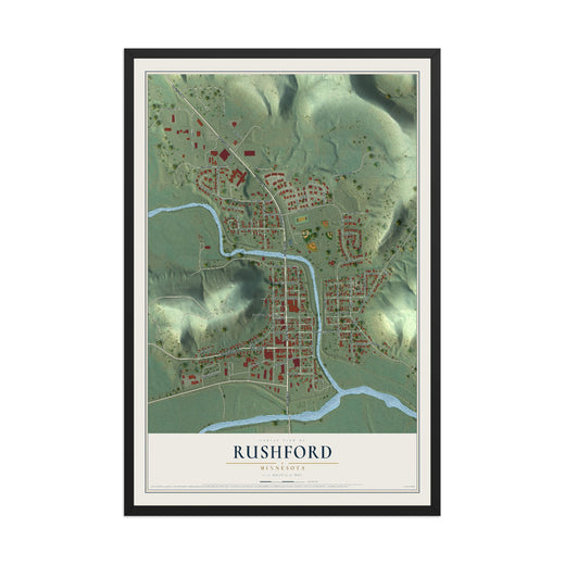 Map of Rushford, Minnesota, 12 x 18 inch print in a black wood frame