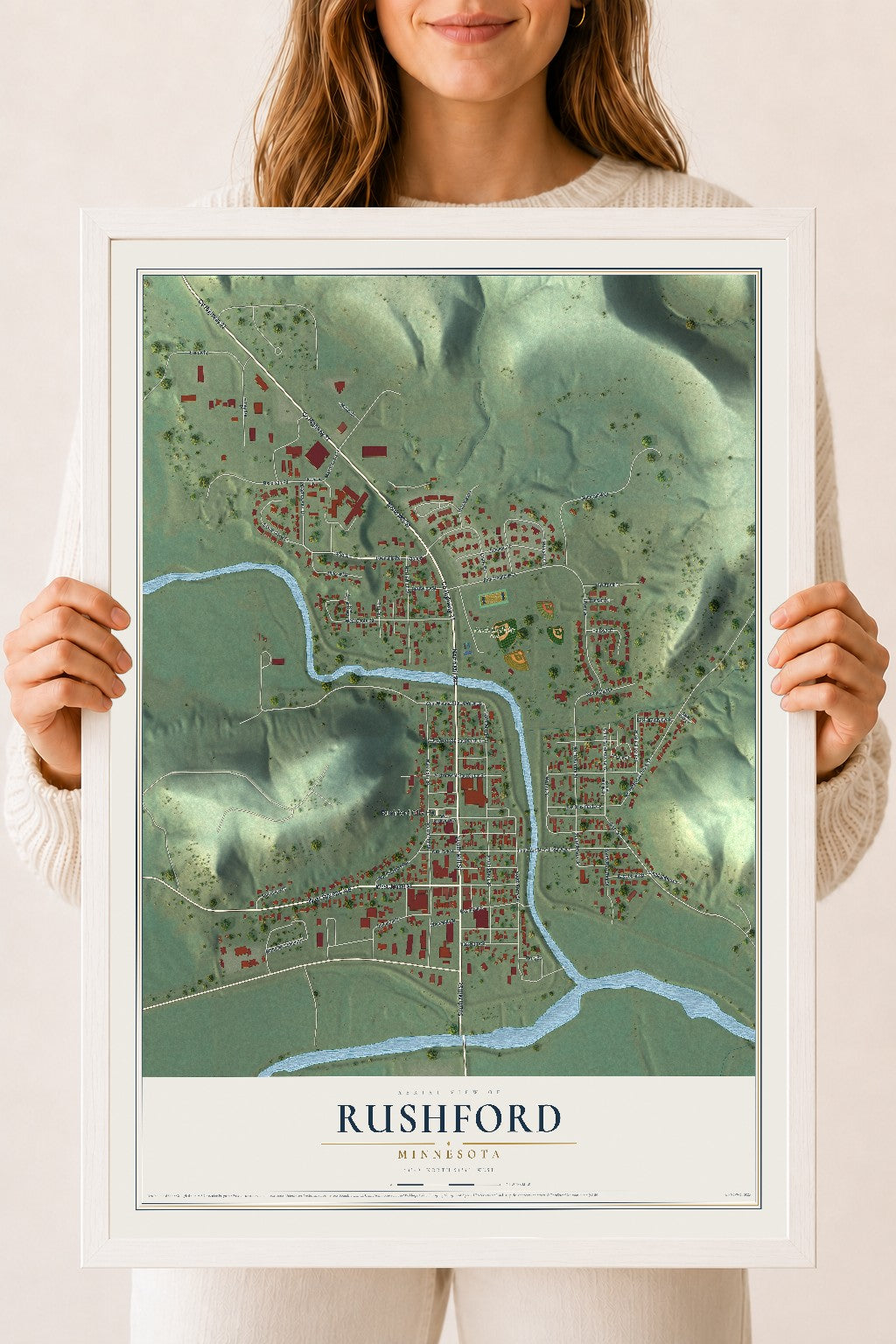 Map of Rushford, Minnesota, 18 x 24 inch print in a white wood frame