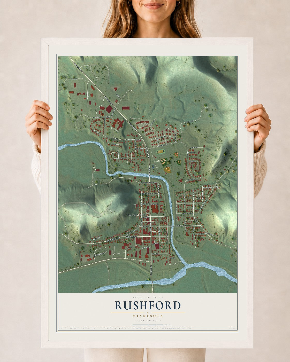 Map of Rushford, Minnesota, 24 x 36 inch print in a white wood frame