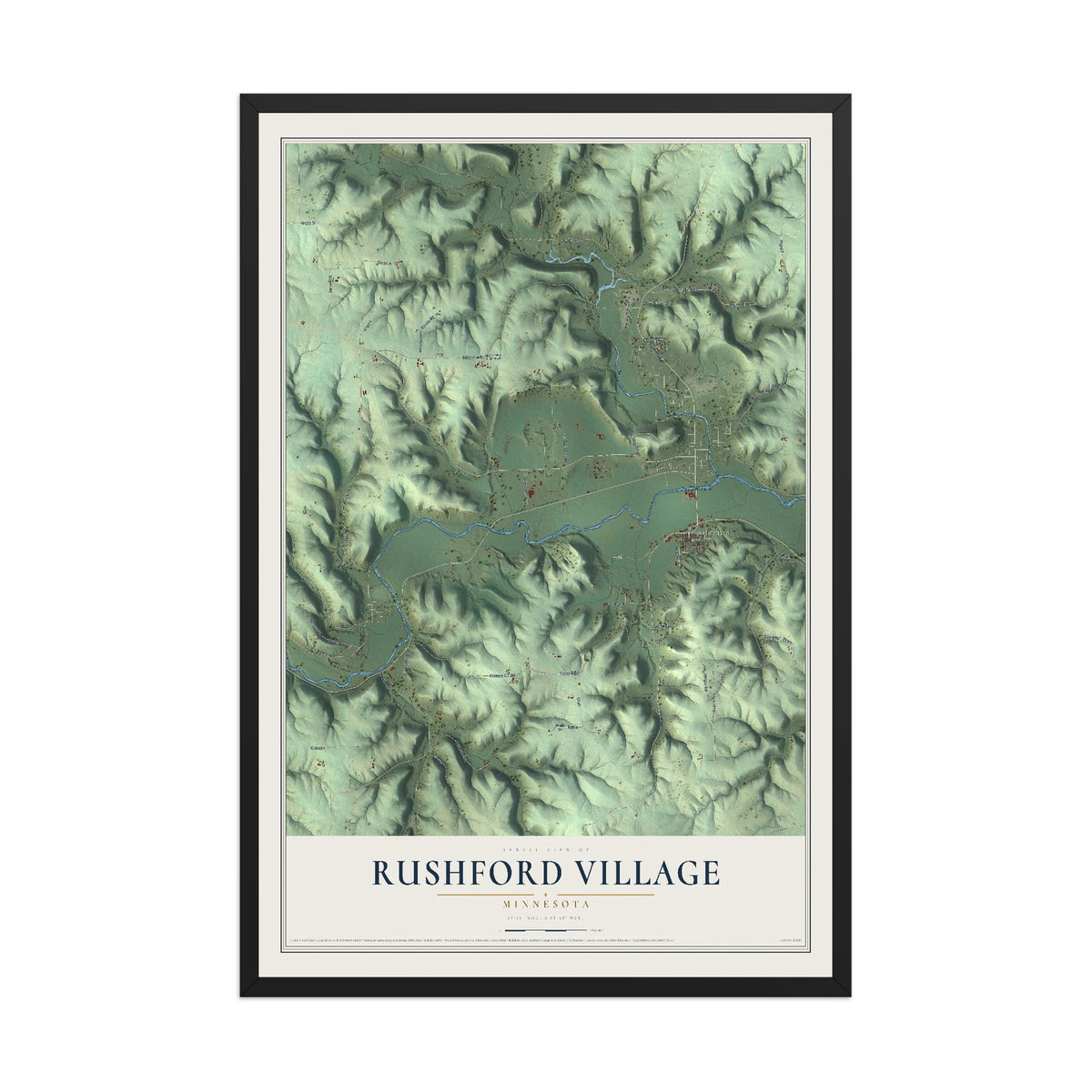 Map of Rushford Village, Minnesota, 12 x 18 inch print in a black wood frame