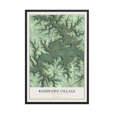 Map of Rushford Village, Minnesota, 12 x 18 inch print in a black wood frame