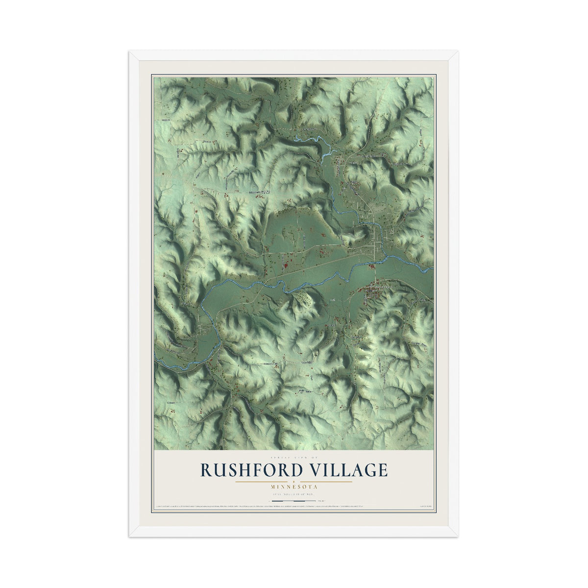 Map of Rushford Village, Minnesota, 12 x 18 inch print in a white wood frame
